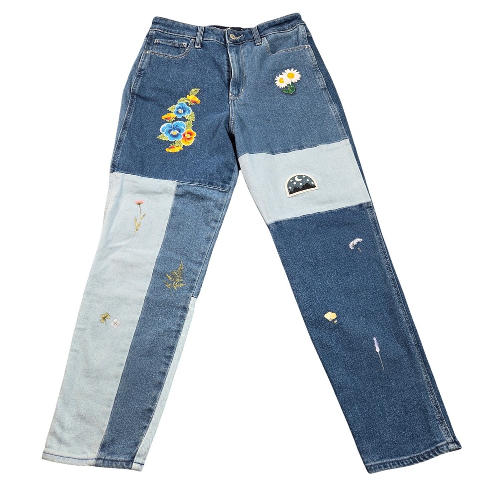 Hollister Ultra High Rise Mom Jeans 5R W27 L27 Patchwork Floral Embroidered